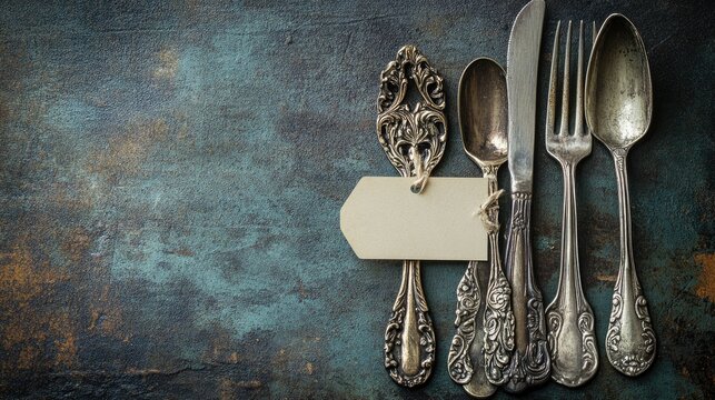 Vintage silverware set with an empty tag for text, placed on a rustic surface, creating an antique aesthetic.