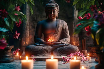 Statue de Bouddha avec bougies allumées