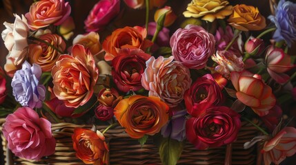 Poster - Vibrant blooms cascade from a rustic woven basket in this stunning floral arrangement Each petal bursts with color creating a symphony of nature s beauty captured in a single frame Delicate roses