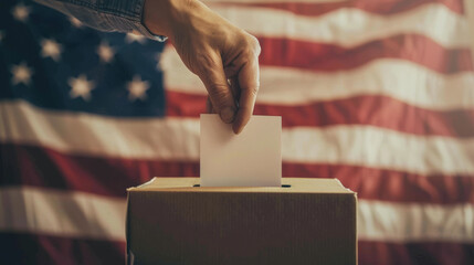 A hand places a ballot in a ballot box against the background of a flag. Background for design. American elections. Democratic elections concept.