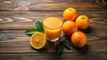 Wall Mural - Fresh orange juice and oranges on wooden background