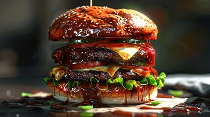 Poster - Delicious double beef burger with mozzarella cheese and barbecue sauce Australian bread