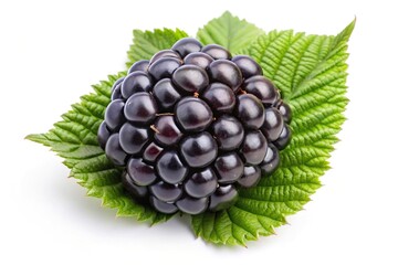 Fresh ripe blackberry with green leaves in the background isolated on a white background in fisheye view