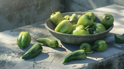 Poster - The image shows a bowl of green peppers on a concrete surface The peppers are various shades of green from light lime to deep forest green Some of the peppers are whole while others have been slic