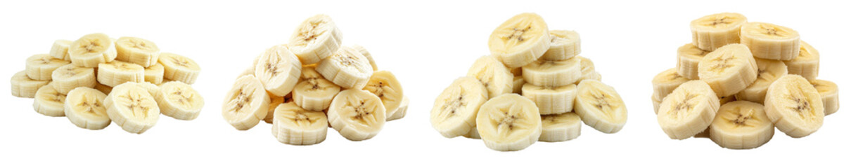 Poster - An isolated banana slice with peeled fruit on a white background with full depth of field.