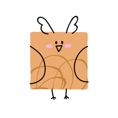 Poster - Cute owl character. Happy smiling square shaped bird, simple doodle style. Funny kawaii animal, comic humorous whimsical drawing. Childish kids flat vector illustration isolated on white background
