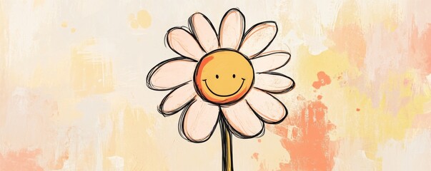 Wall Mural - Whimsical Childlike Doodle of a Smiling Flower with Soft Hues and Playful Lines