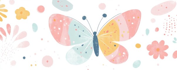 Wall Mural - Whimsical Childlike Doodle of Butterfly with Soft Pastel Colors