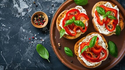Poster - Open sandwiches with cream cheese baked sweet pepper and fresh basil on a brown plate Italian Cuisine Red pepper snacks Top view copy space