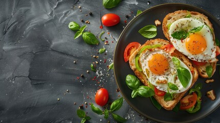 Poster - two toast breads with vegetables egg and basil on a plate on a black concrete table
