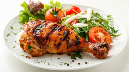 Poster - Grilled chicken leg with salad and tomato on a white plate Home made food