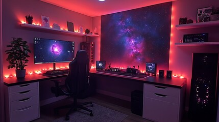 A galaxy-inspired gaming room, with walls decorated in vibrant cosmic murals, a sleek black desk with modern gaming equipment, and ambient lighting that mimics the colors of deep space,