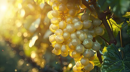 Poster - White grape cluster in grape vineyard in morning light