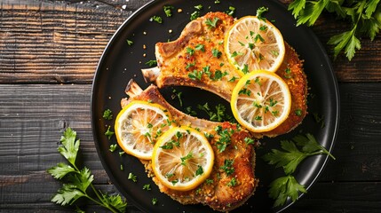 Poster - baked in oven panko breaded pork chops on bone with lemon slices and fresh parsley on black plate on dark wood table horizontal view from above flat lay close up