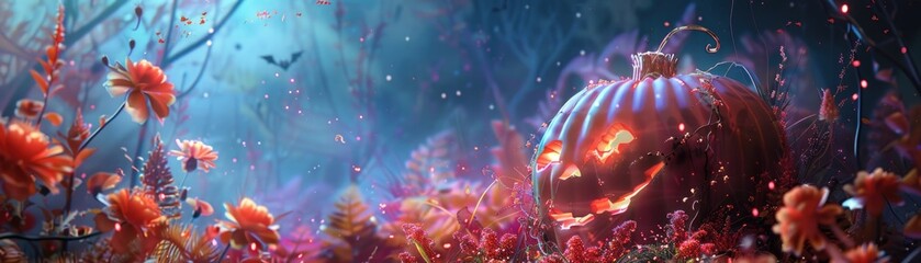 Wall Mural - Enchanting halloween night with glowing jack-o'-lantern in mystical forest AI