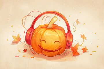 Wall Mural - Halloween pumpkin with headphones surrounded by autumn leaves for festive design AI