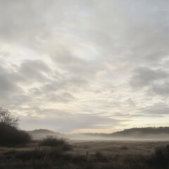 Sticker - A misty field with a cloudy sky and a few trees in the foreground.