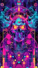 Wall Mural - Vibrant neon skull art with geometric patterns for halloween design AI