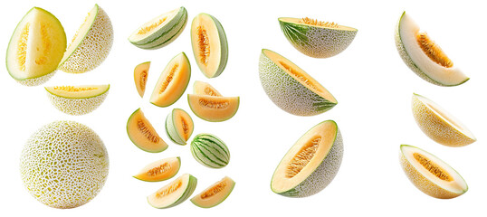 Aufkleber - The cantaloupe melon is falling on a white background, with full depth of field