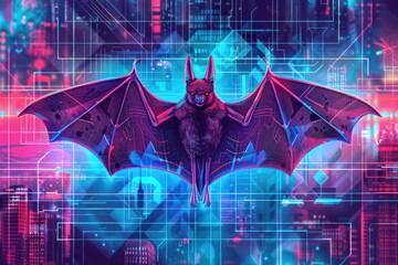 Wall Mural - Futuristic halloween bat in neon cyberpunk cityscape design AI