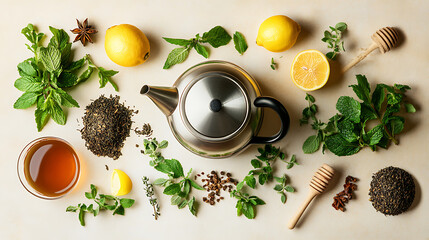 A kettle surrounded by herbal tea ingredients like mint, lemon, and honey.