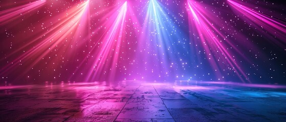 Wall Mural - Neon Blue pink violet stage lighting illuminated, lens flare effect, shining star rays 