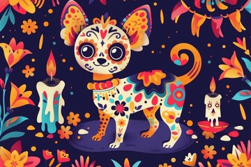 Wall Mural - Chihuahua with detailed sugar skull designs, surrounded by vibrant flowers and candles, celebrating Dia de los Muertos in a colorful illustration. ai