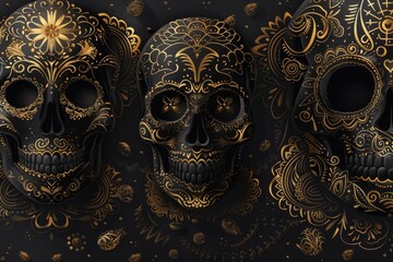 Wall Mural - Black skull with gold floral patterns, surrounded by golden elements on a dark background, representing an elegant Day of the Dead theme. ai