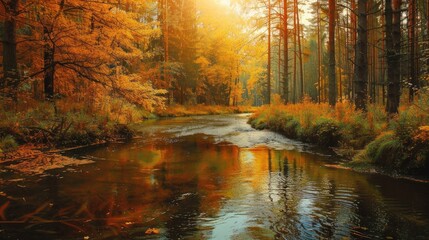 Poster - River in the autumn forest Autumn forest river landscape River in autumn forest Autumn river in forest