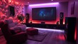 © LuvTK - A luxury home theater gaming room, with a large projection screen, surround sound speakers, and comfortable seating in plush recliners,