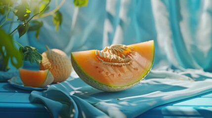 Ripe juicy appetizing melon on a blue table on a hot summer day Light organic snack vegetarian dessert healthy food