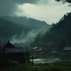 Poster - A misty, rainy scene of a small village nestled between lush green mountains.