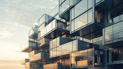 Fototapete - Architectural design of a modern modular multi story residential metal and glass building composed of rectangular autonomous modules connected with the illusion of the possibility of redevelopment