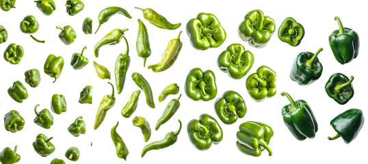 Aufkleber - Paprika, green peppers, falling on a white background, shallow depth of field