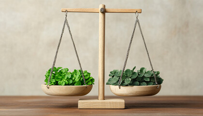 A balance scale displaying two bowls of fresh green plants, symbolizing harmony and comparison in nature.