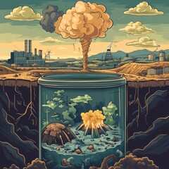 Wall Mural - A mushroom cloud erupts from a test tube, symbolizing the destructive power of human activity on the environment.