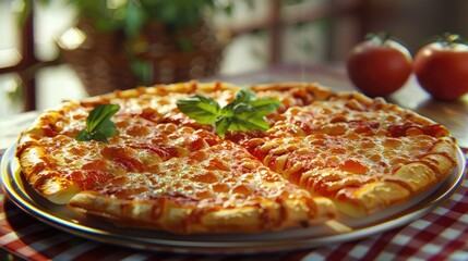 Poster - A detailed view of a pizza sliced and arranged on a plate