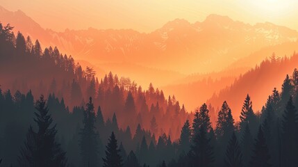 Poster - Mountain silhouettes with a forest at sunset