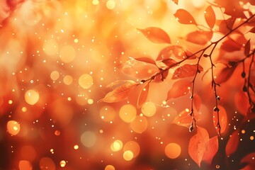 Poster - Autumn leaves with vibrant colors and sparkling bokeh effect during a sunny afternoon in a tranquil outdoor setting