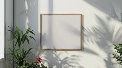 Aufkleber - Horizontal picture frame mockup on white wall with flowers blank frame with copy space