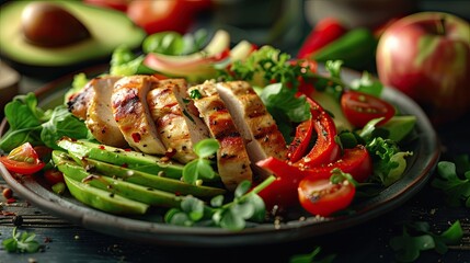 Avocado apple bell pepper and grilled chicken salad with ingredients for making salad Paleo and keto diet Yop view Selective focus