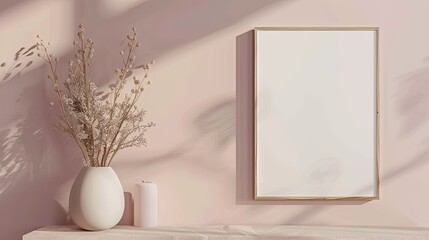 Poster - Landscape blank frame mockup on wall with dry flowers decor in vase frame mockup with copy space