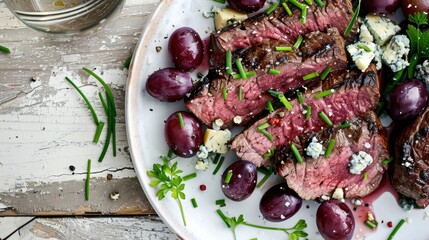 Poster - roast beef steak served with salad of red grape crumbled blue mold cheese and chives on plate on white wooden table horizontal view from above flat lay close up