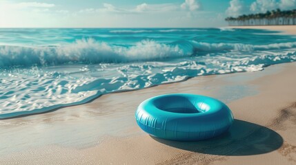 Poster - Blue inflatable swim ring on sand beach