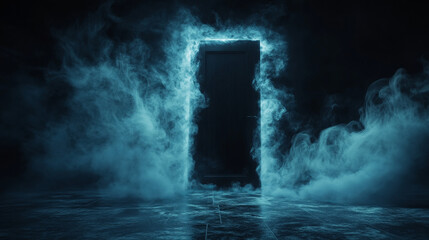Wall Mural - Mystical smoke swirling from a mysterious door in the darkness abstract surreal afterlife heavenly fog and light with black background negative space copy space life after death path journey portal