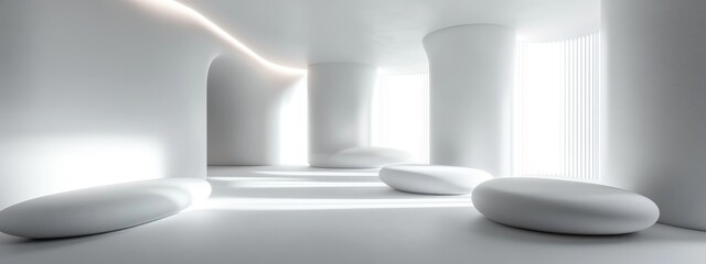 Aufkleber - Abstract architectural backdrop featuring smooth discs in a white interior enhanced by neon lighting showcasing a 3D rendering