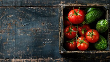 Poster - Various fresh vegetables in box on wooden table Tomato and cucumber Top view flat lay with copy space