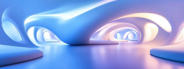 Aufkleber - Abstract architectural backdrop featuring smooth discs in a white interior enhanced by neon lighting showcasing a 3D rendering