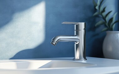Fototapete - 3D rendering of a stainless steel bathroom tap and faucet