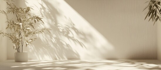 Poster - 3D rendering of a minimalistic abstract light beige background featuring delicate shadows cast by window and vegetation for product presentation